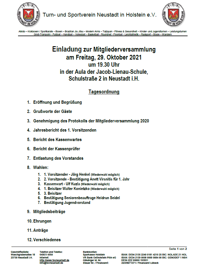 Mitgliederversammlung am Freitag, dem 29. Oktober 2021