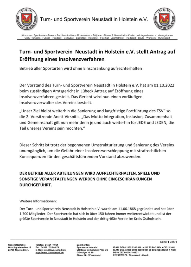 Turn- und Sportverein Neustadt in Holstein e.V. stellt Antrag auf Eröffnung eines Insolvenzverfahren