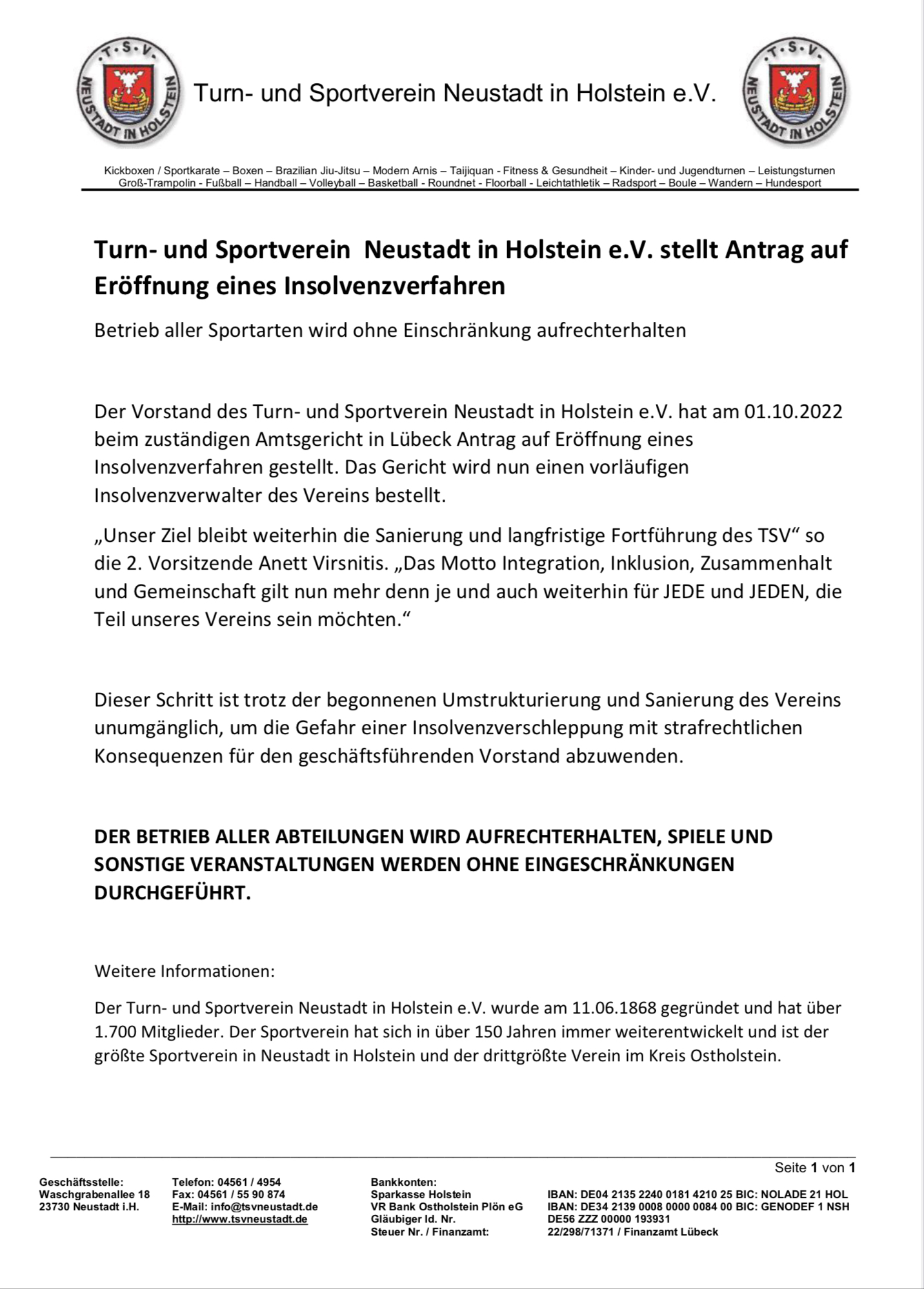 Turn- und Sportverein Neustadt in Holstein e.V. stellt Antrag auf Eröffnung eines Insolvenzverfahren